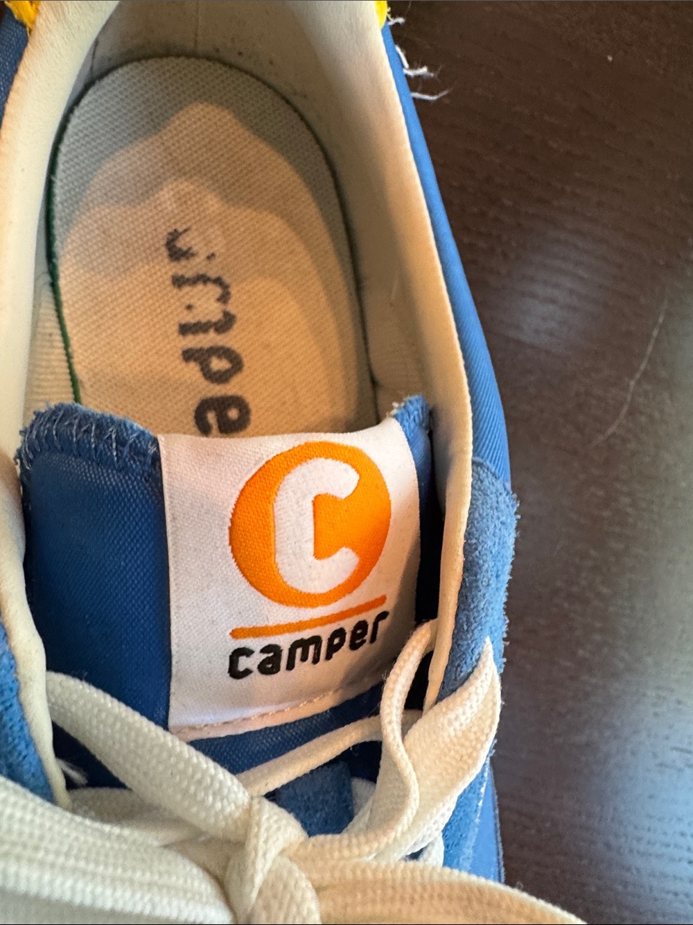 Camper Blue and White Low-Profile Sneakers with Yellow Heel - Picture 4 of 7
